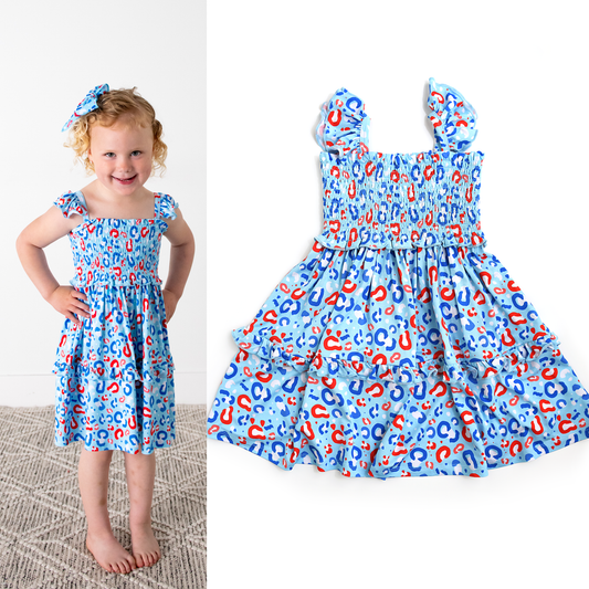 Kinsley Leopard Smocked Dress 4th of July Bamboo