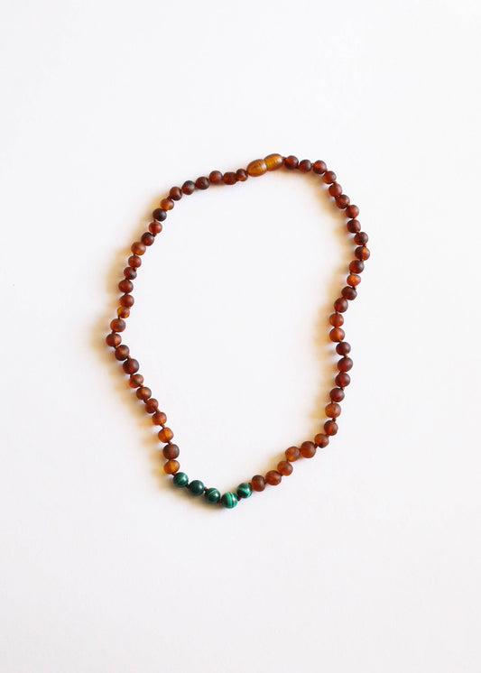 Raw Cognac Baltic Amber + Malachite || Necklace