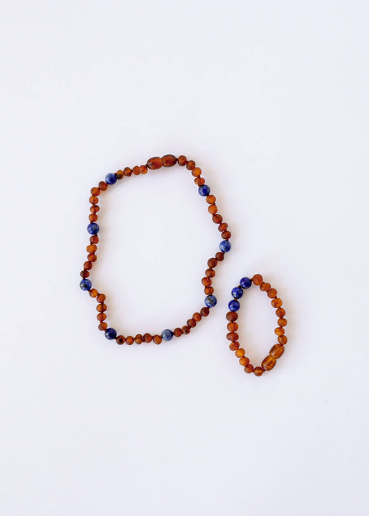 Raw Cognac Baltic Amber + Lapis Lazuli || Halo Necklace ||