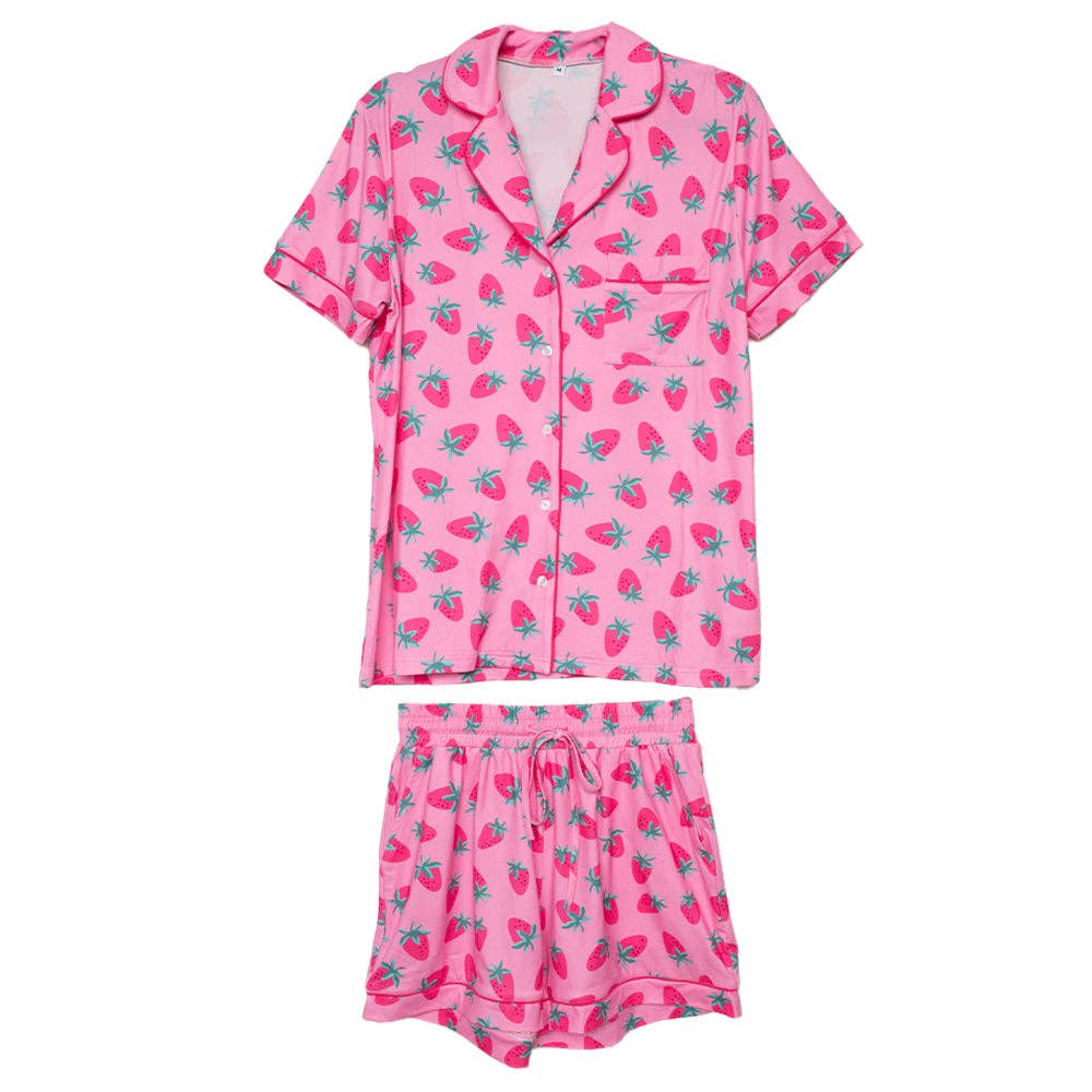 Pink Strawberry Print Mother's Day Pajama Sets for Women