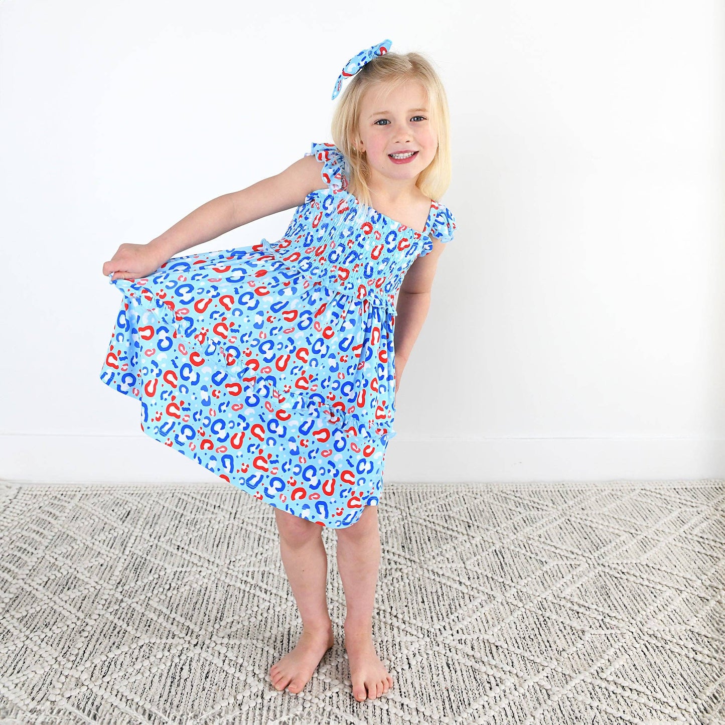 Kinsley Leopard Smocked Dress 4th of July  Bamboo