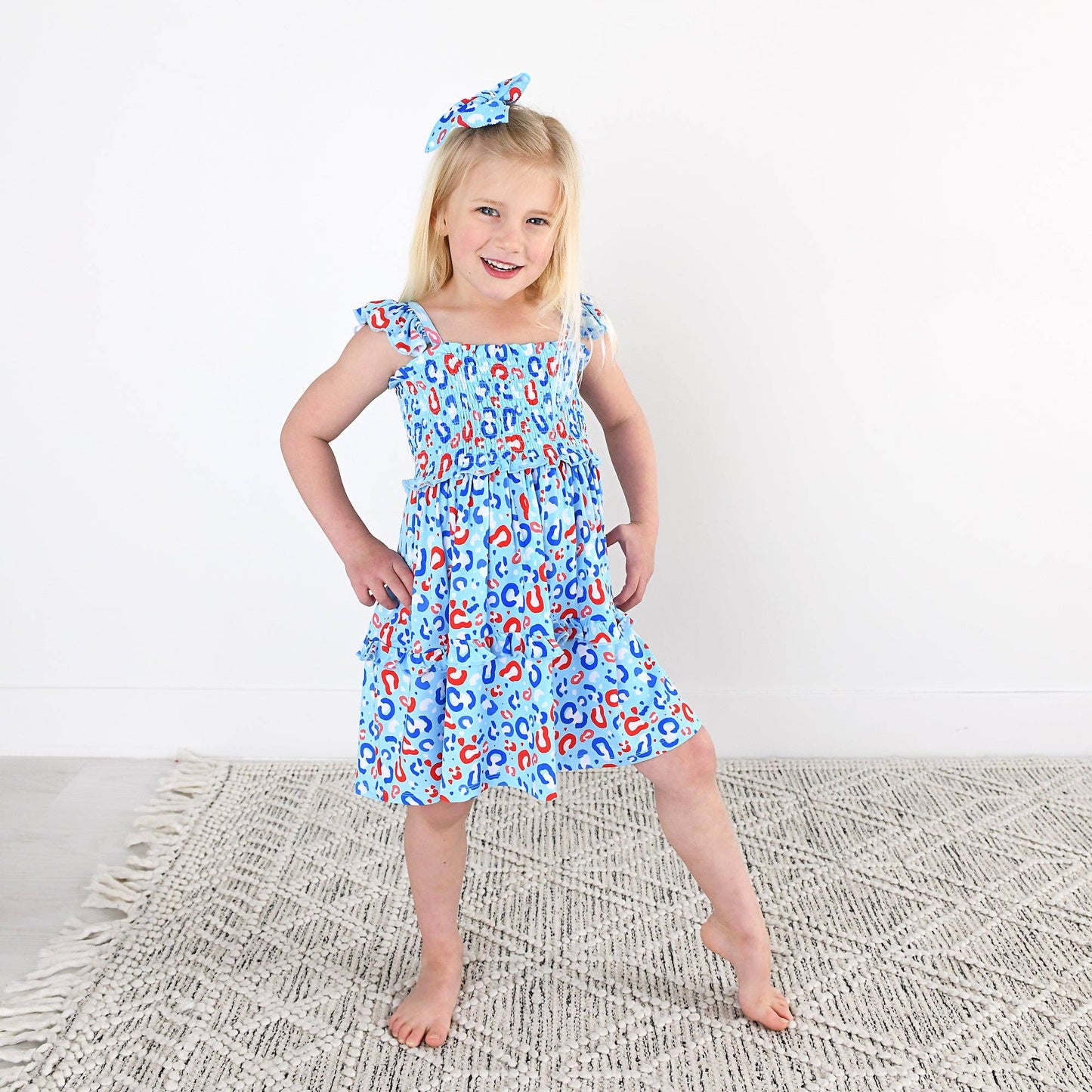Kinsley Leopard Smocked Dress 4th of July  Bamboo