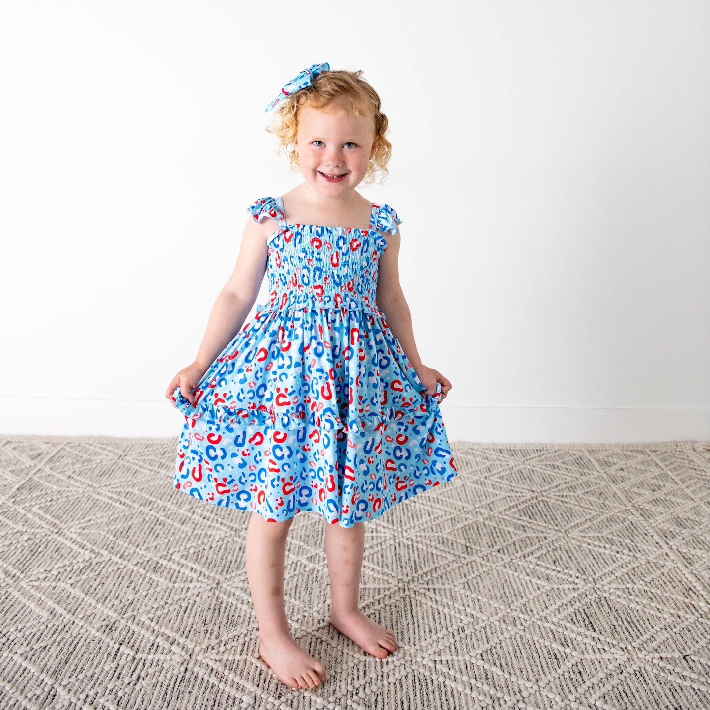 Kinsley Leopard Smocked Dress 4th of July  Bamboo