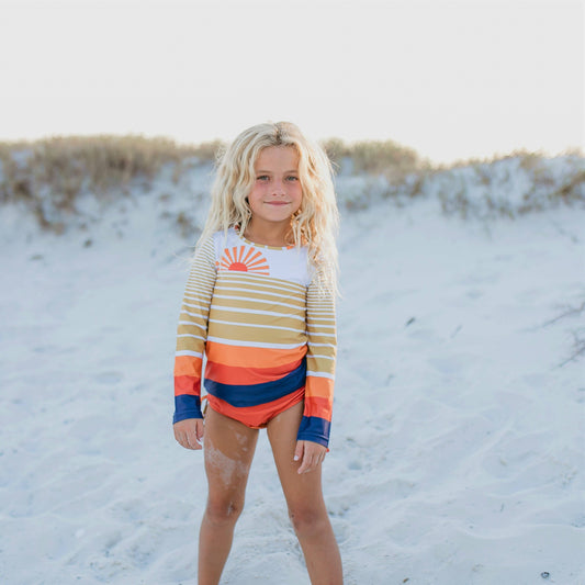 Kids Long Sleeve Coral Navy Sunset Rash Guard Swimsuit