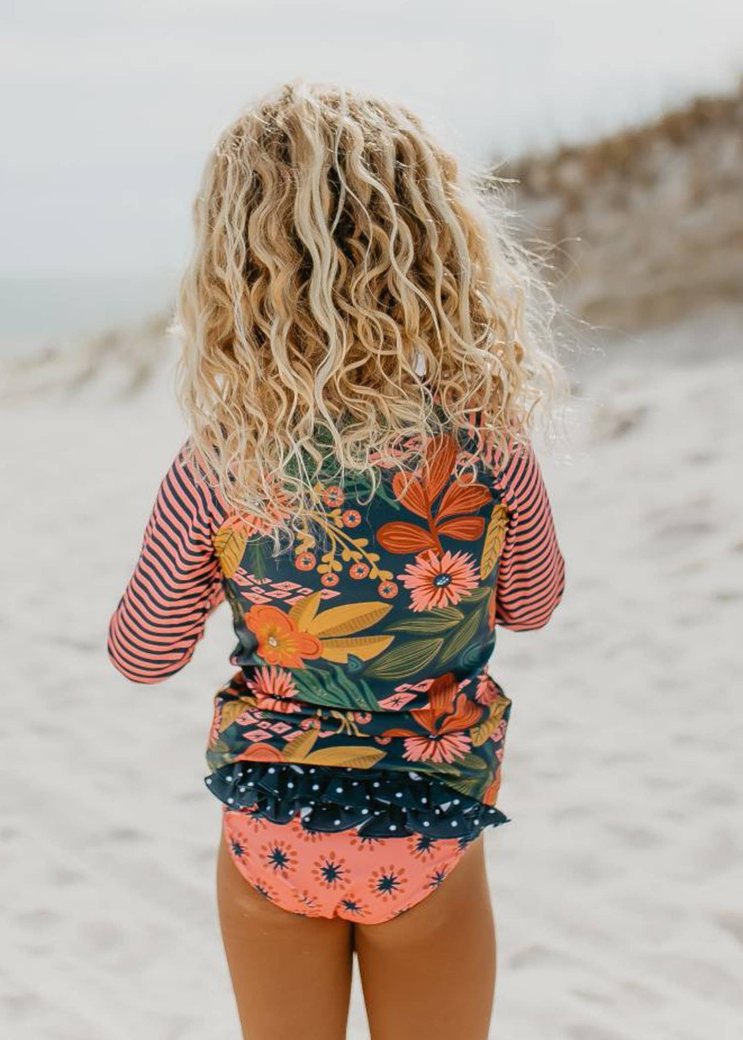 Kids Long Sleeve Navy Tropical Rash Guard Ruffle Swimsuit