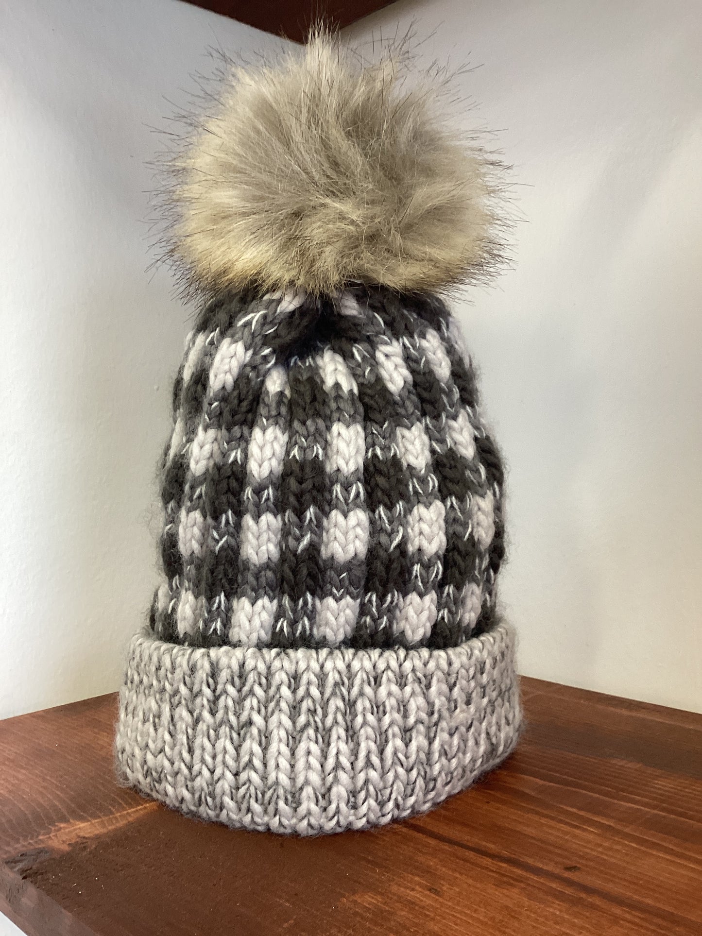 Grey Buffalo Check Pom Pom Beanie Adult