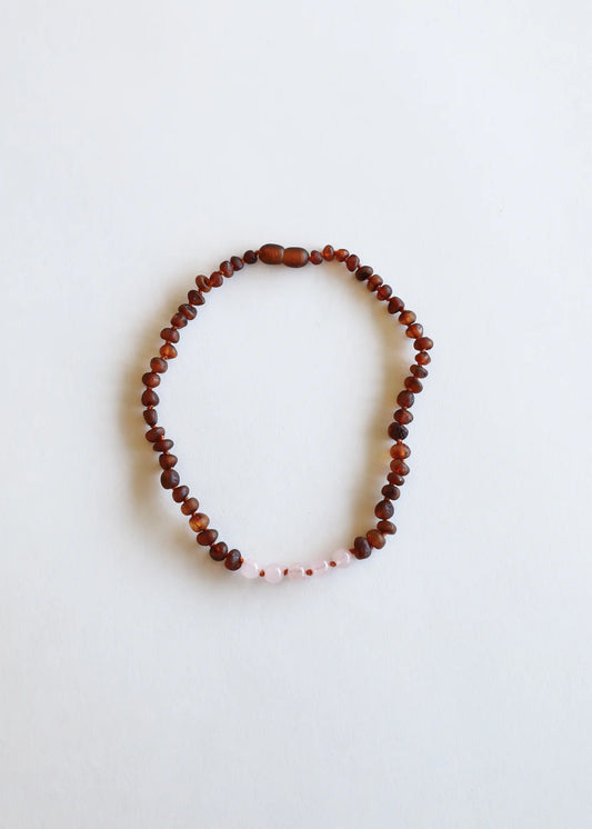 Necklace   Raw Cognac Baltic Amber Rose Quartz 18”