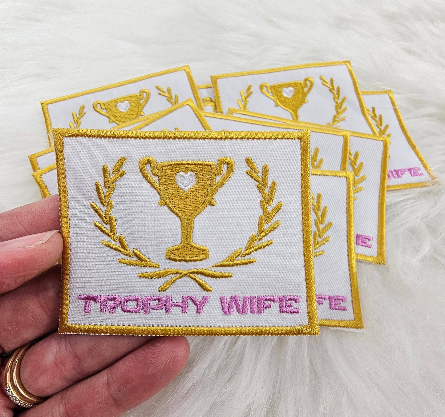 Patch: 'Trophy Wife' Pink and Gold Embroidery Iron On