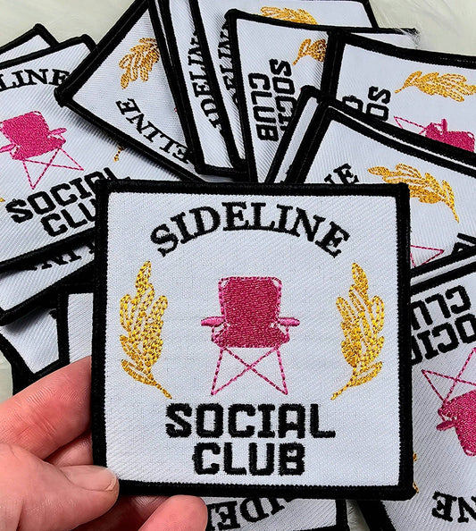 Patch: 'Sideline Social Club' Pink Chair Woven Embroidery Iron On