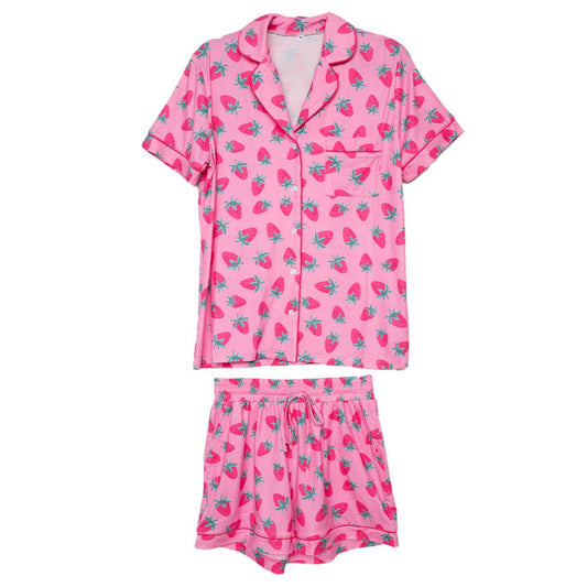 Pink Strawberry Print Mother's Day Pajama Sets for Women