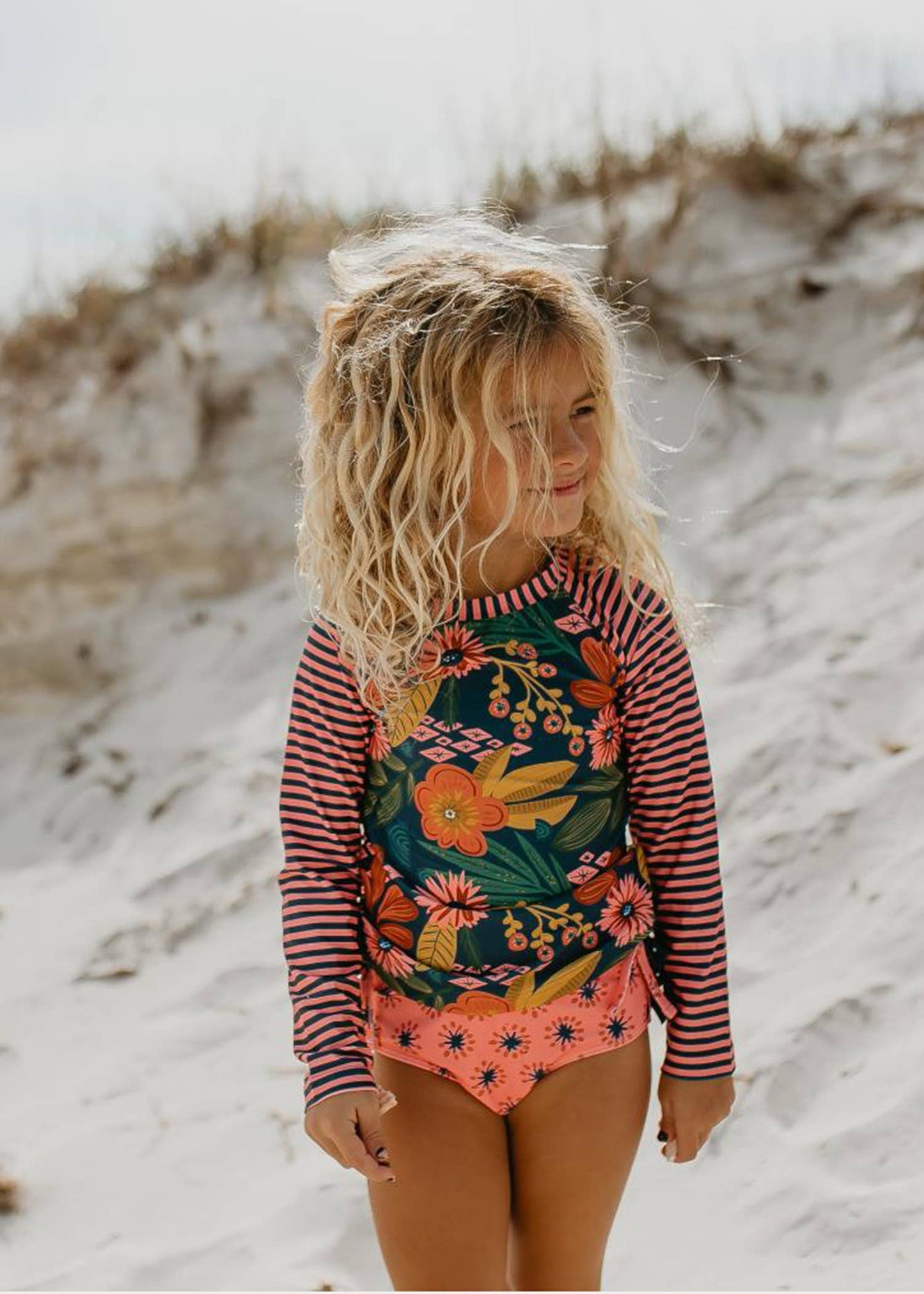 Kids Long Sleeve Navy Tropical Rash Guard Ruffle Swimsuit