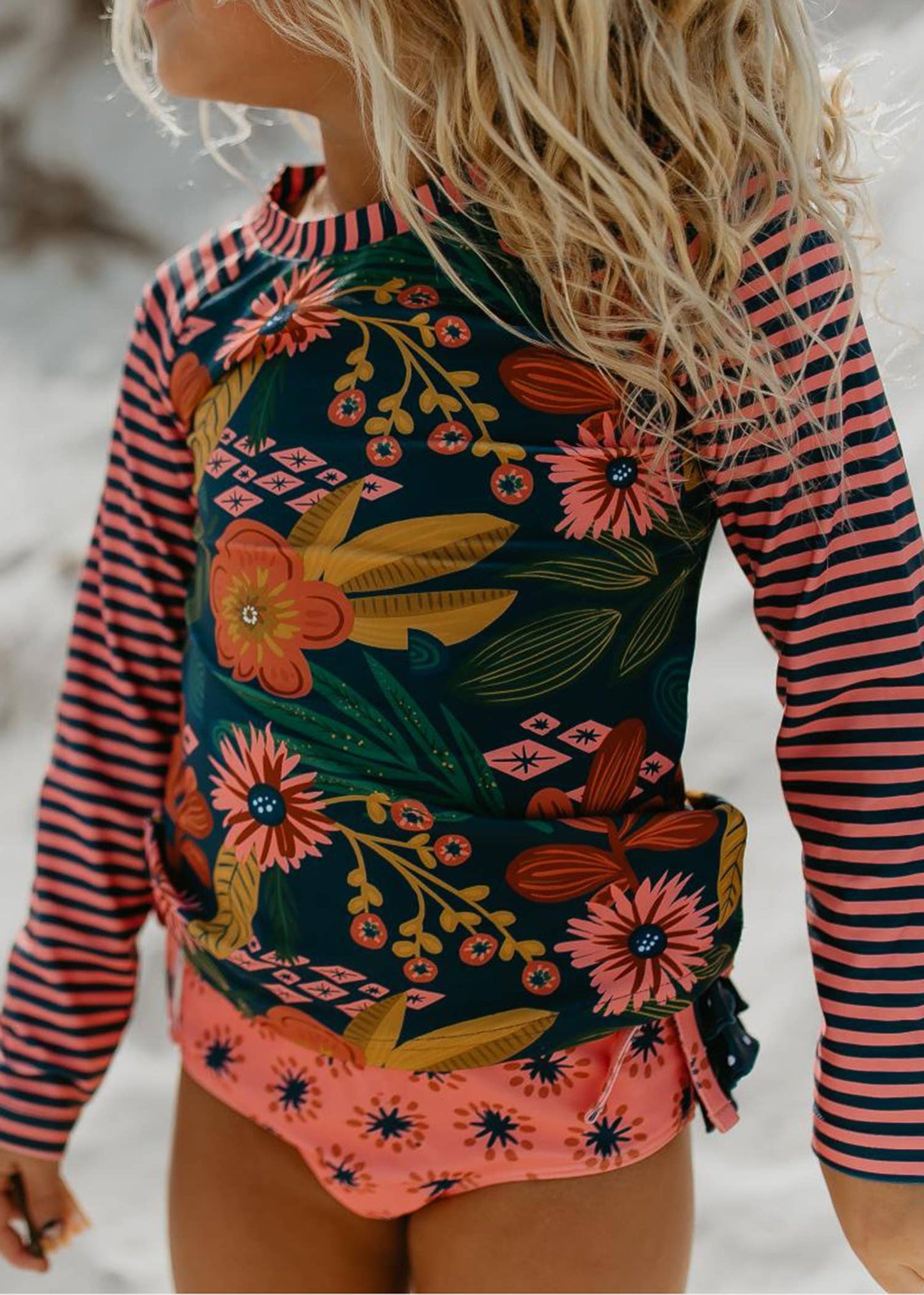 Kids Long Sleeve Navy Tropical Rash Guard Ruffle Swimsuit