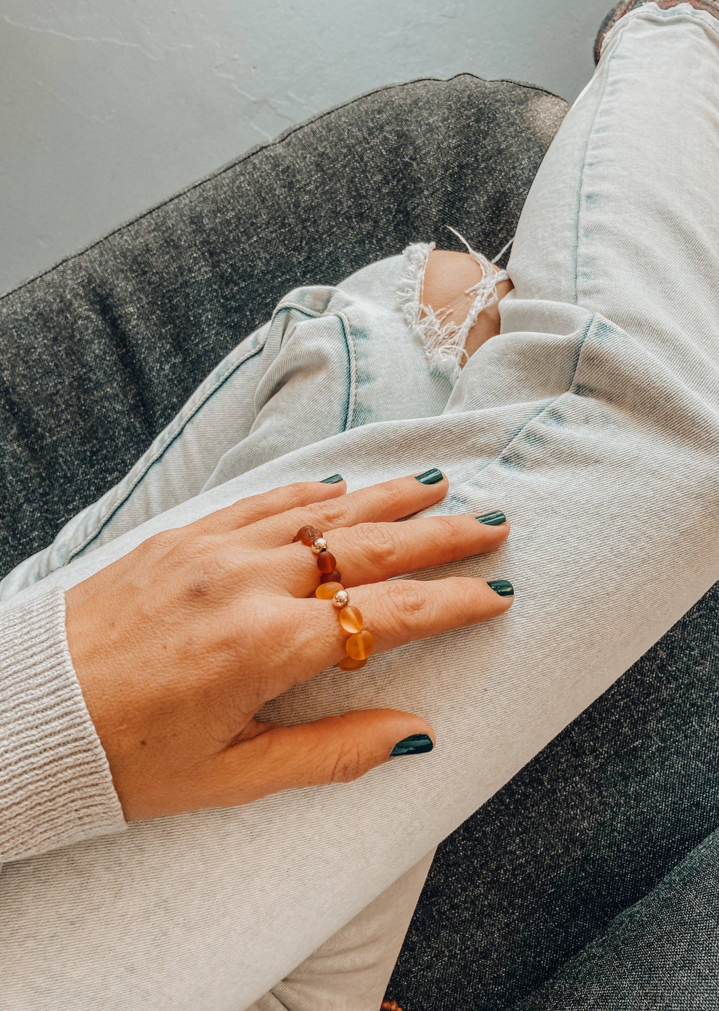 Raw Honey Baltic Amber + 14K Gold Filled Beaded Stretch Ring