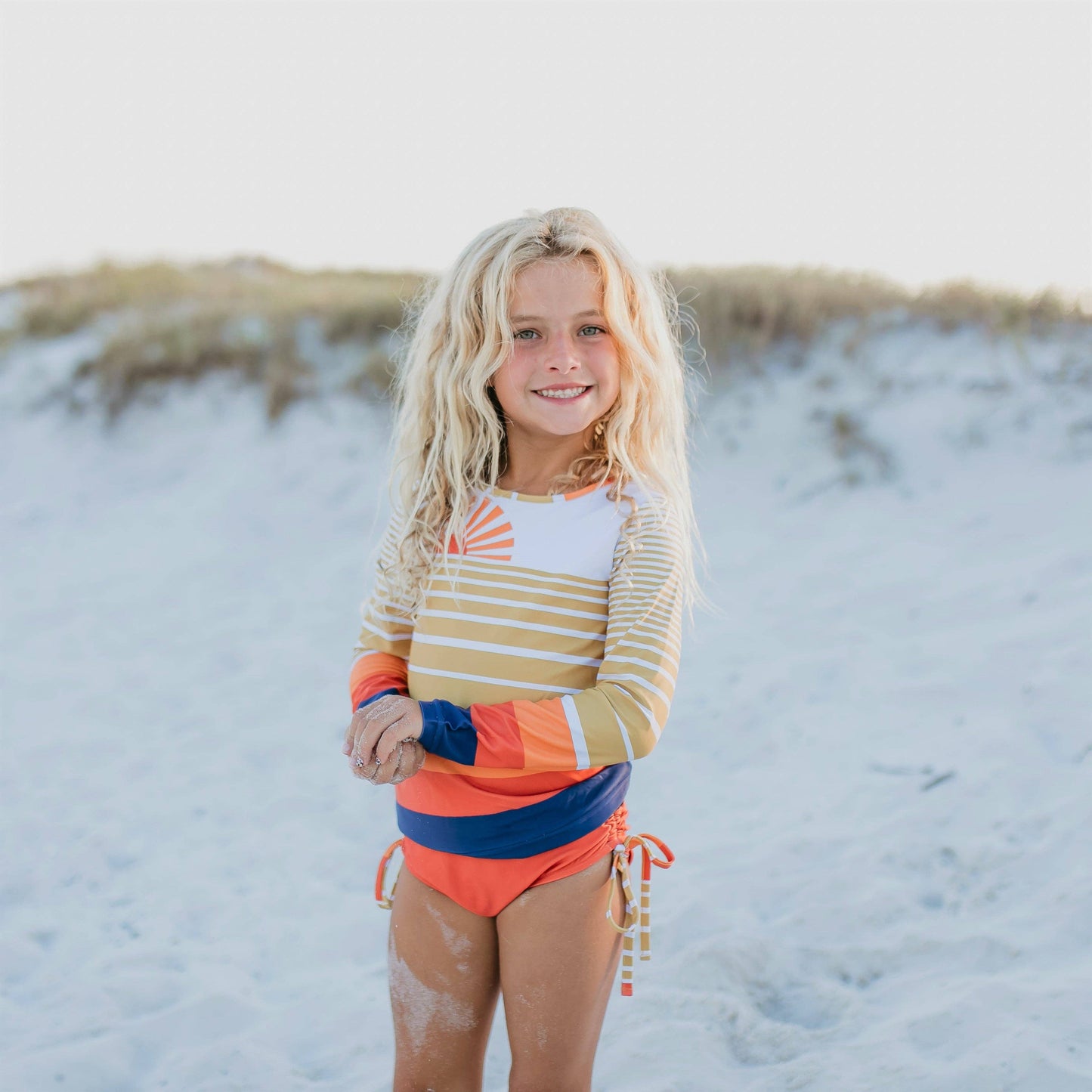 Kids Long Sleeve Coral Navy Sunset Rash Guard Swimsuit