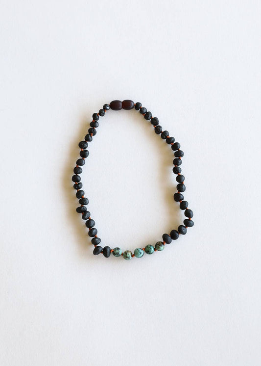 Raw Black Baltic Amber + Turquoise Jasper Necklace