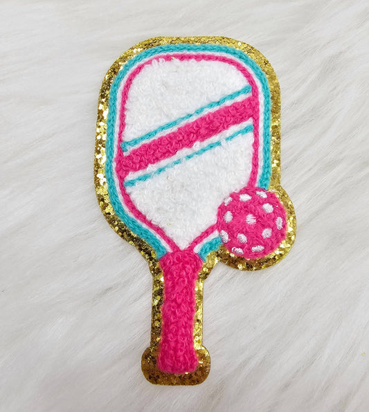 Pink and Teal Pickleball Racket with Ball Glitter Iron On Patch